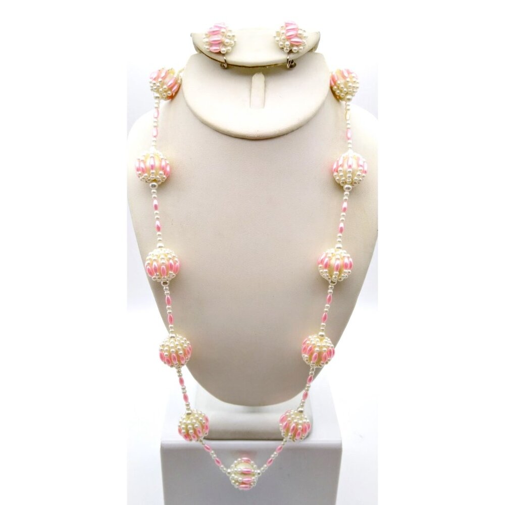 Crocheted Vintage Beaded Parure Station Necklace and Cluster Earrings, Pastel